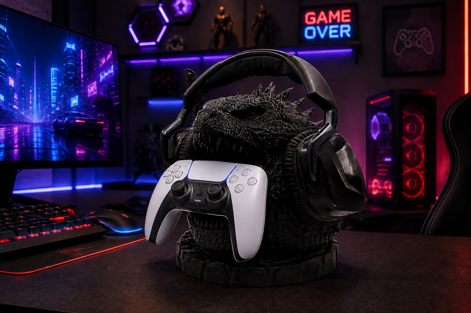 استند دسته PS5 و هدفون طرح گودزیلا